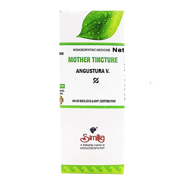 Packaging of Angustura V Mother Tincture with green leaf design on a white background