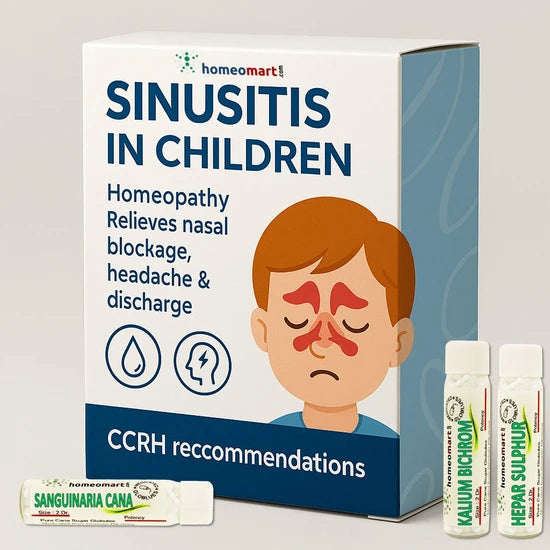 Homeopathy offers gentle and effective support in managing sinusitis in children, addressing symptoms such as nasal blockage, thick discharge, recurrent headaches, and sensitivity to weather changes.