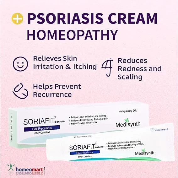Soriafit psoriasis cream packaging with text on a pink background