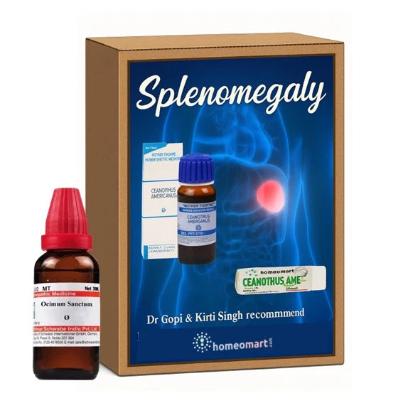 Homeopathic medicine packaging for Splenomegaly with bottles and a box on a white background
