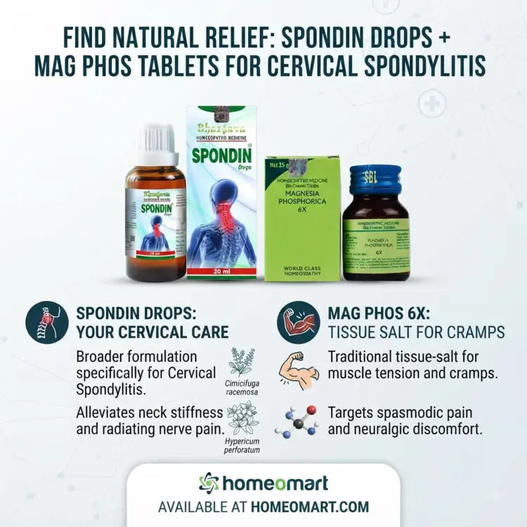 Spondin drops for the cervical spine + Mag Phos tablets for associated muscle cramps and neuralgic pain.
