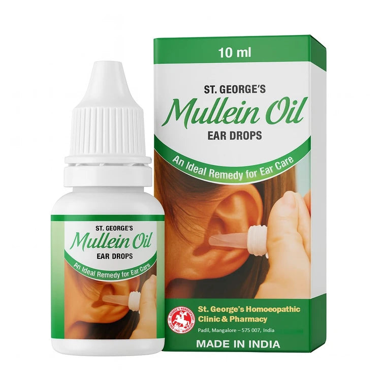 St. George's Mullein Oil ear drops bottle and packaging on a white background
