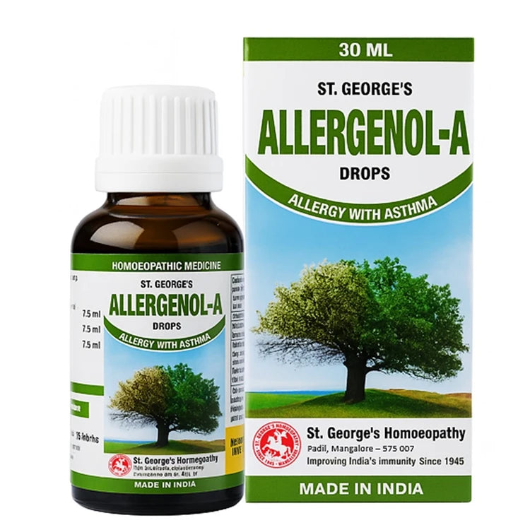 St. George's Allergenol-A drops bottle and packaging on a white background
