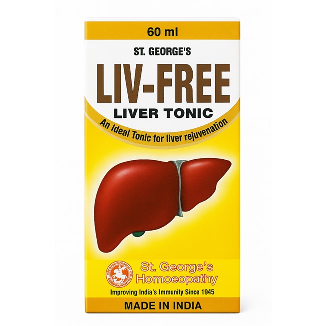 St. George's Liv-Free Liver Tonic packaging with liver illustration on a white background
