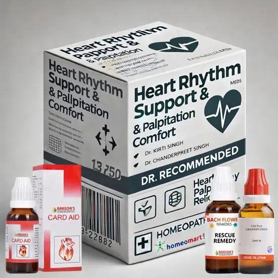 Box of Heart Rhythm Support kit (for tachycardia, heart palpitation) with homeopathic remedies on a gray background