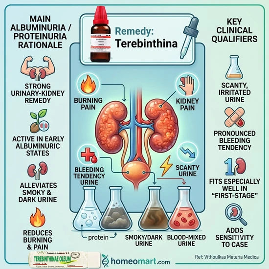 Terebinthinae Oleum homeopathy medicine, burning pain in the urethra, inflammatory conditions of the kidneys, smoky or bloody urine, bleeding mucous surfaces and gastrointestinal health.