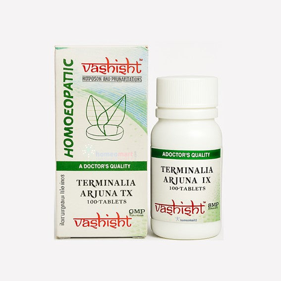 Vashisht Terminalia Arjuna IX packaging and bottle on a white background