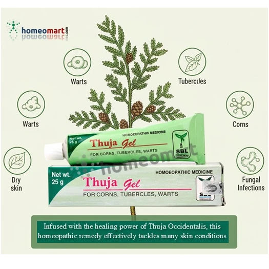 image showing thuja plant with thuja gel product and skin benefits