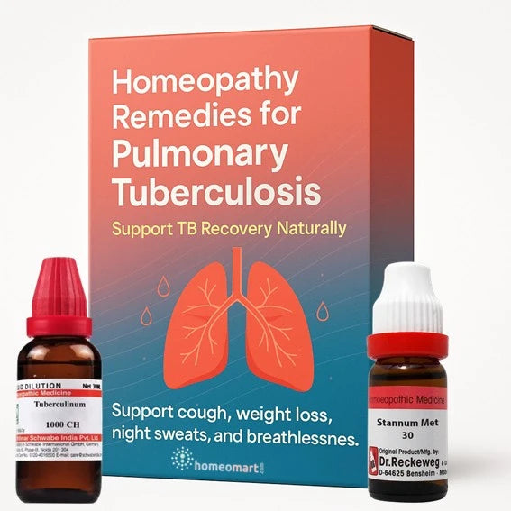 Homeopathy remedies for pulmonary tuberculosis with a box and two bottles on a white background
