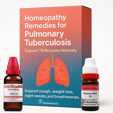 Homeopathy remedies for pulmonary tuberculosis with a box and two bottles on a white background