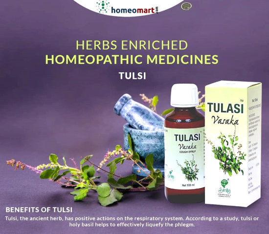 homeopathic medicine for flu cough, cough syrup for throat irritation, Tulasi Vasaka benefits, herbal remedy for bronchial wellness, homeopathic syrup for cold and cough