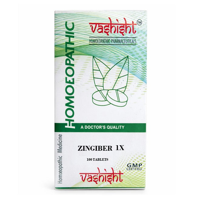 Vashishth Zingiber 1X homeopathic medicine packaging with ginger illustration on a white background