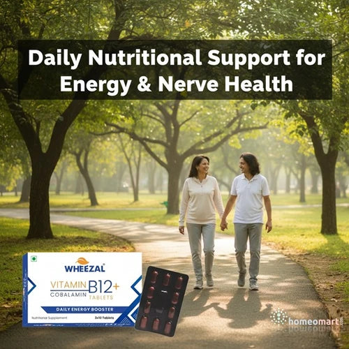 Two people walking in a park with Wheezal Vitamin B12+ packaging and tablets displayed.