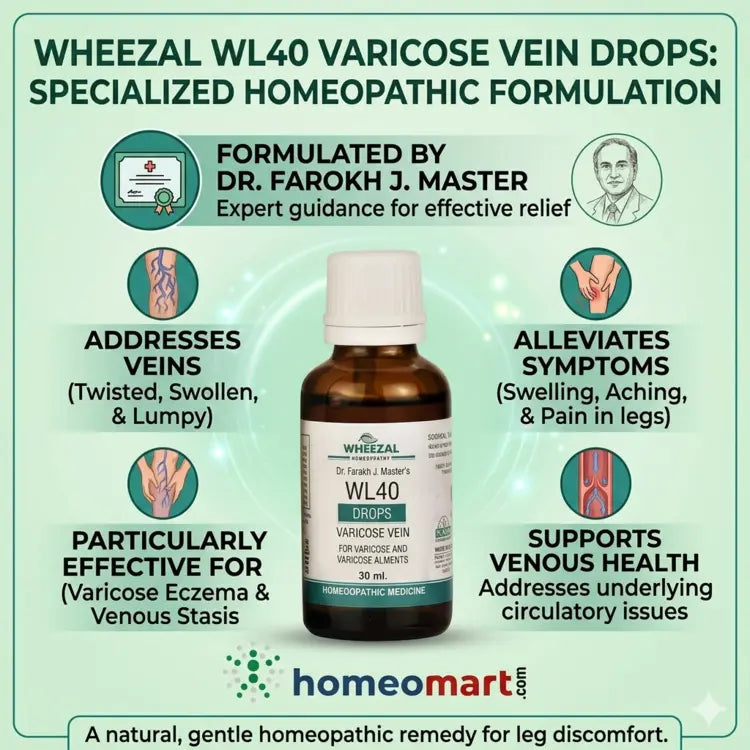 Wheezal WL40 varicose vein drop uses, varicose veins homeopathy treatment, natural remedy for varicose veins, vein swelling pain relief homeopathy, varicose eczema treatment natural, venous stasis homeopathic medicine, leg pain due to varicose veins remedy, swollen veins treatment homeopathy, Aesculus hippocastanum varicose veins,