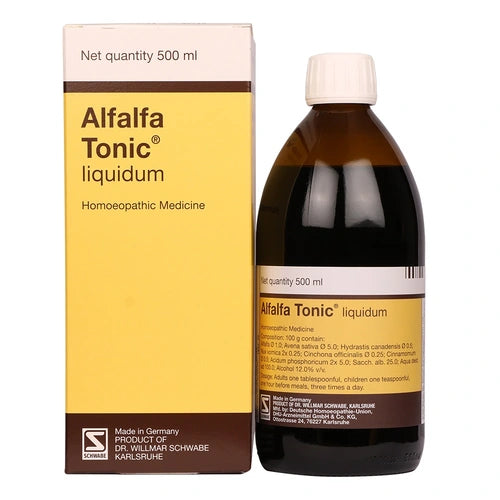 Alfalfa Tonic liquidum bottle and packaging on a white background