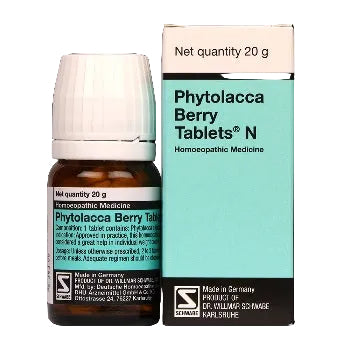 Phytolacca Berry Tablets N bottle and packaging on a black background