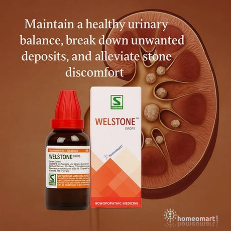 Welstone drops bottle and packaging with a medical illustration of kidney stone on a brown background.