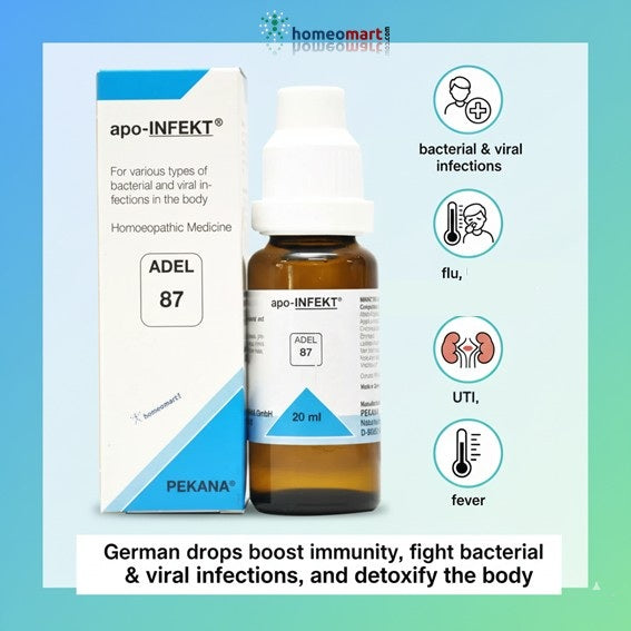 apo-INFECT bottle and packaging with product details on a blue and green gradient background