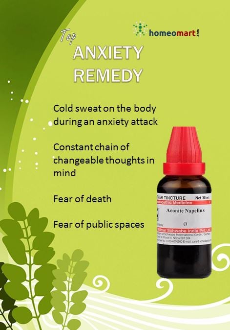 Homeopathy remedy bottle aconite with green background and text about anxiety relief