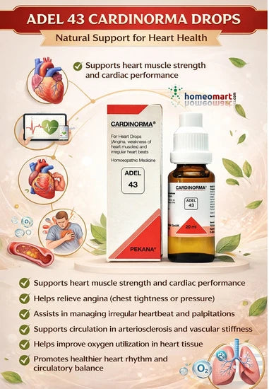 Adel 43 Cardinorma Drops infographic with product packaging and heart health benefits listed.
