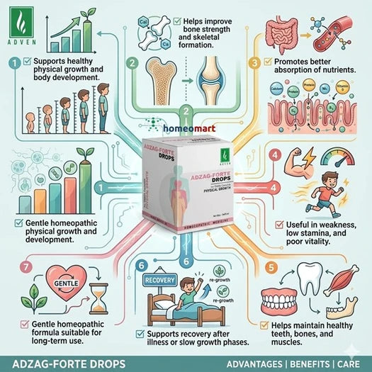 Infographic about Adzan Forte Drops with growth promoter illustrations and text on benefits and uses.