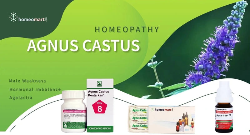 Homeopathy Agnus Castus products with a green background showing chaste berry or vitex plany and homeomart branding.
