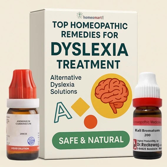 Homeopathic remedies for dyslexia treatment with packaging and bottles on a beige background