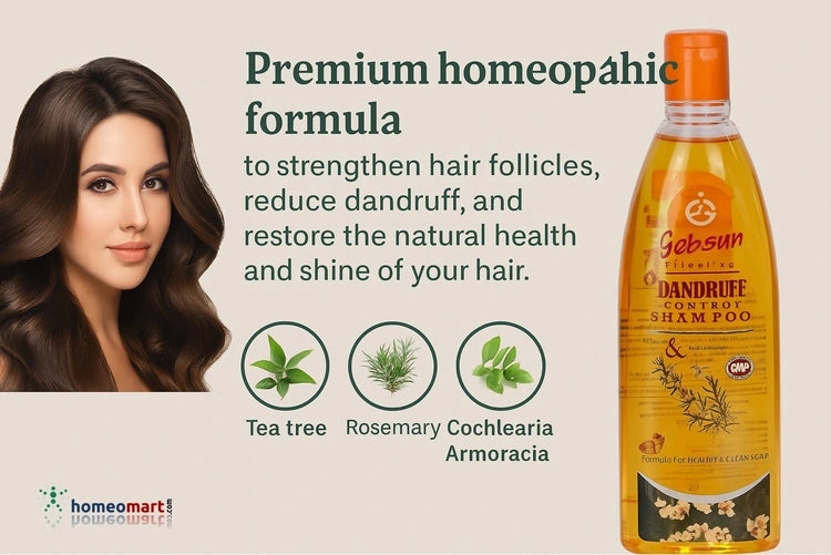 Sebsun Dandruff Control Shampoo bottle with a woman's hair and product benefits text on a beige background