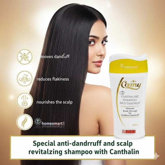 Woman with long black hair next to a bottle of canthalin shampoo on a beige background indicating anti dandruff benefits