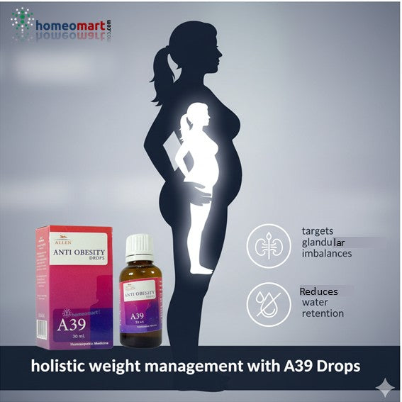 Advertisement for A39 Drops weight management product with silhouette of a woman and product packaging.