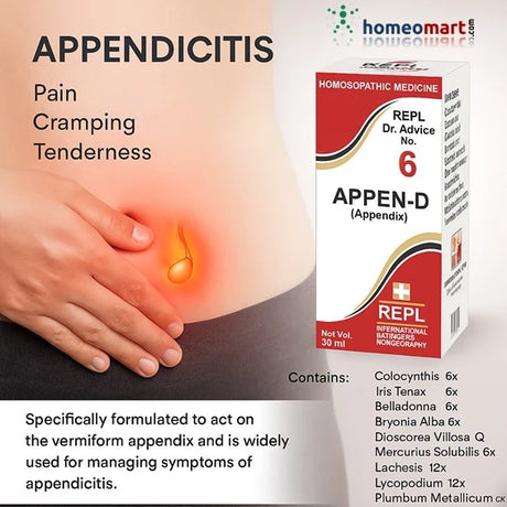 REPL Dr. Adv. No. 6 (APPEN-D) is specifically formulated to act on the vermiform appendix and is widely used for managing symptoms of appendicitis. This remedy helps alleviate a deathly sensation at the stomach pit, pain in the ileocecal region, and discomfort on the right side beneath the abdomen. It also addresses colicky pain associated with appendicitis and its adhesive nature.