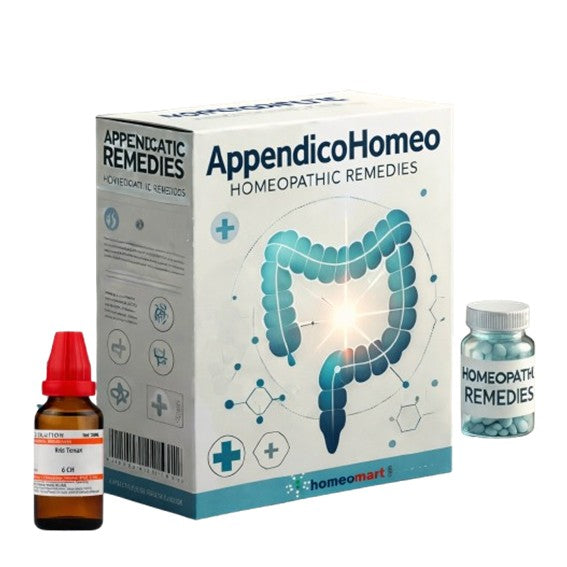 AppendicoHomeo homeopathic remedies for appendicitis relief with packaging with bottles on a white background