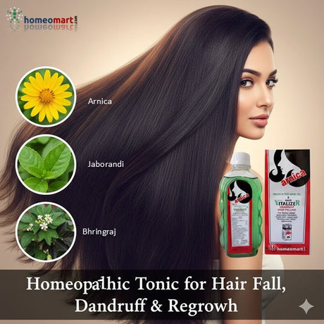Woman with long hair next to homeopathic tonic products and ingredients like arnica, bhringraj on a beige background