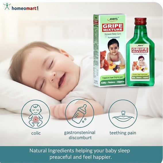 Child sleeping with Atemis Gripe Mixture packaging and bottle on a white background