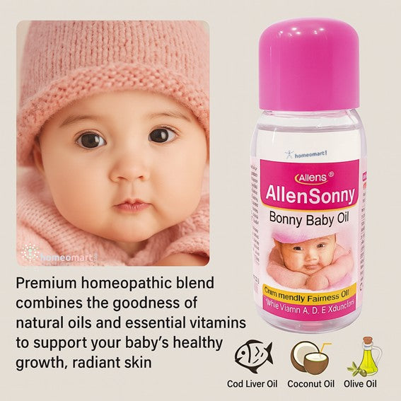 Baby wearing a pink hat with an Allen's Sonny Bonny Baby Oil bottle next to it.