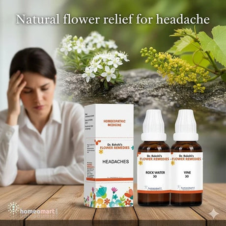 Homeopathic remedies for headaches with a woman experiencing a headache in the background.