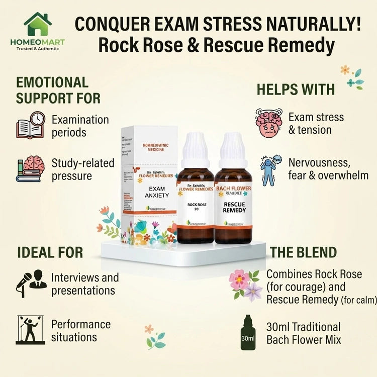 bach flower support for exam pressure, remedy for examination stress, flower remedy for performance pressure, bach flower drops for emotional strain, rock rose rescue mix for students, bach flower remedy for low confidence, flower essence for temporary stress
