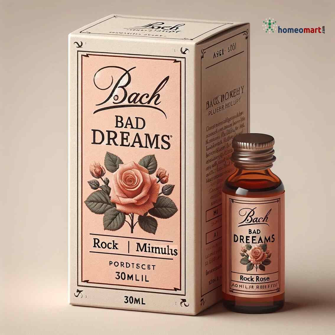 A product image showing a Bach Flower Remedy for Bad Dreams, which includes a 30ml bottle and a packaging box with the Bach brand and 'Bad Dreams' text. The remedy is portrayed as a solution for peaceful sleep with a graphical representation of a rose and leaves on the packaging.