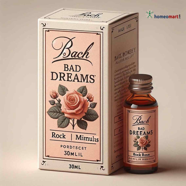 A product image showing a Bach Flower Remedy for Bad Dreams, which includes a 30ml bottle and a packaging box with the Bach brand and 'Bad Dreams' text. The remedy is portrayed as a solution for peaceful sleep with a graphical representation of a rose and leaves on the packaging.