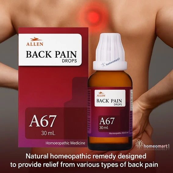 Allen A67 Back Pain Drops is a natural homeopathic remedy designed to provide relief from various types of back pain, including upper, middle, and lower back pain.