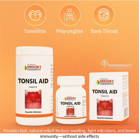 Dr. Baksons Tonsil Aid products on an orange background with icons for tonsillitis, pharyngitis, and sore throat.