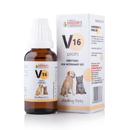 A bottle of Bakson's V16 Vertigo Drops for veterinary use, with a picture of a dog and a cat on the label, indicating it is a homeopathic remedy for pets.