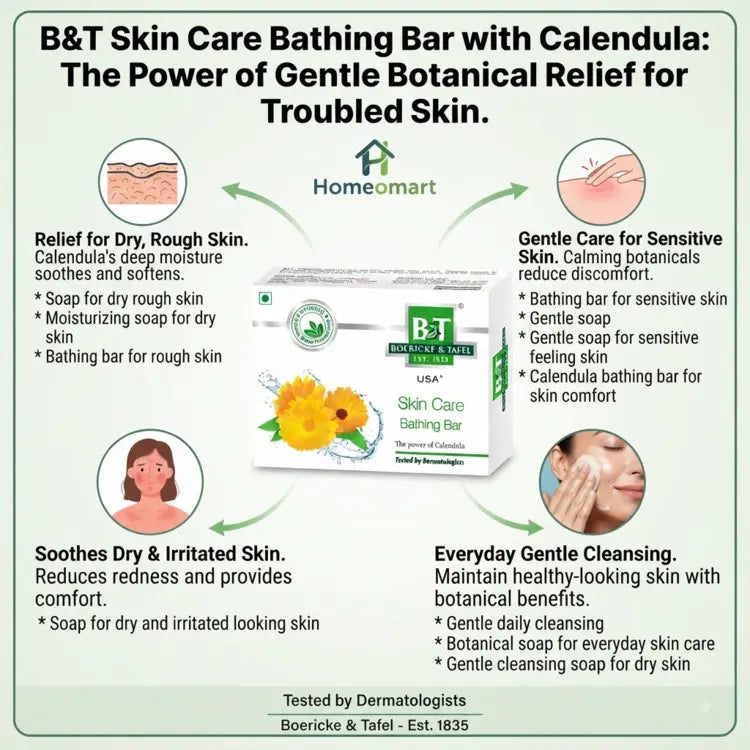 B&T Skin Care, bathing bar, Calendula, Calendula soap, skin care, dry skin, sensitive skin, rough skin, moisturizing, botanical skin care, herbal soap, gentle cleansing, daily skin care, Homeomart, bathing soap, skin comfort