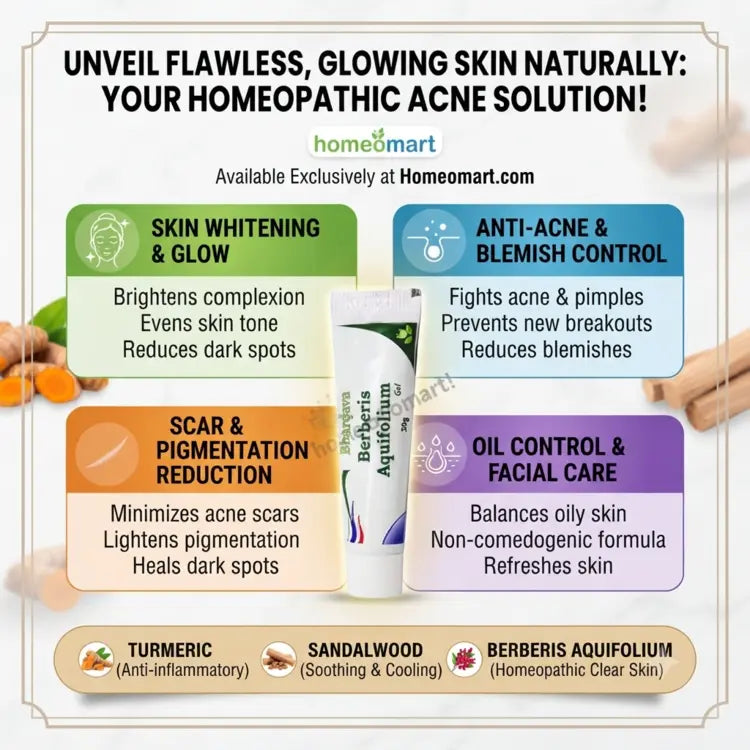 Bhargava, Berberis Aquifolium, acne, pimples, acne scars, blemishes, pigmentation, dark spots, skin whitening, glowing skin, face gel, herbal skincare, homeopathy, turmeric, sandalwood, oily skin, clear skin, skincare, anti acne, facial care