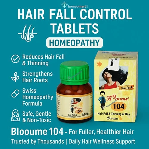 Infographic on hair fall control tablets homeopathy for Blooume 104 hair fall control tablets with packaging and bottle on a teal background.