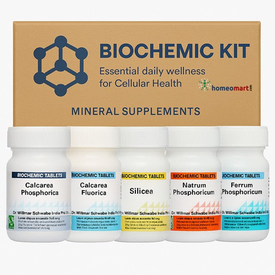 Biochemic kit with various mineral supplement bottles on a white background