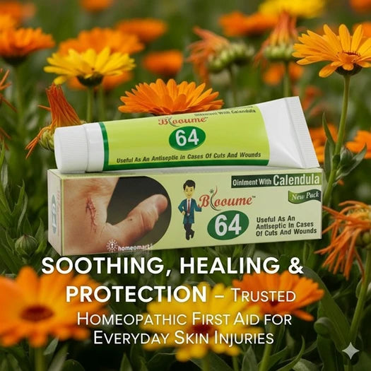 Blaume 64 ointment packaging with calendula flowers in the background