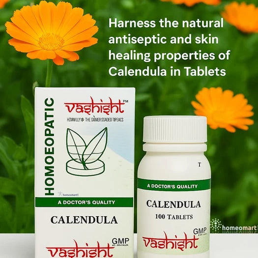 Vashishth Calendula homeopathic tablets with packaging against a natural background of orange flowers.