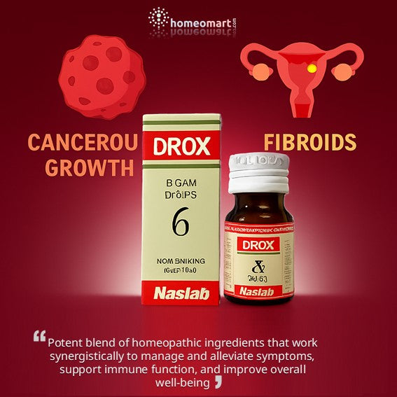 DROX homeopathic products for fibroids and cancerous growth on a red background