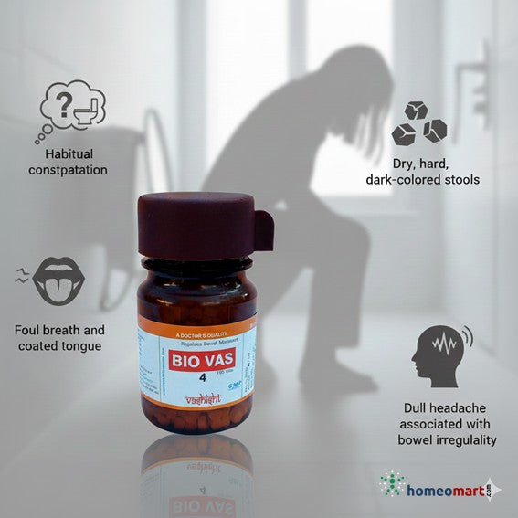 Bottle of BIO VAS with constipated lady on a blurred background